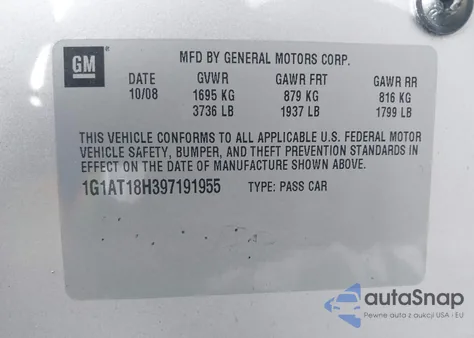 2009 Chevrolet Cobalt Lt из США, поврежденный, VIN 1G1AT18H397191955